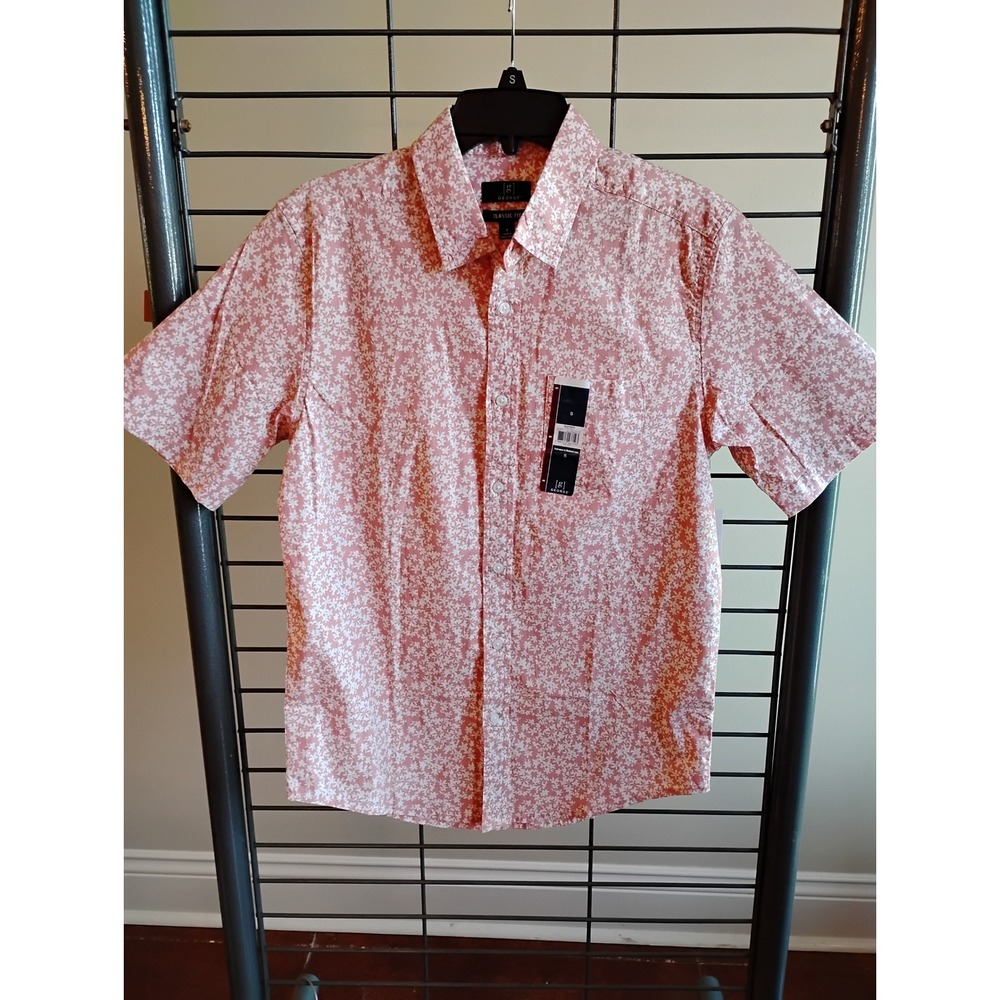 George Mens Classic Fit Floral Short Sleeve Button Down Shirt Peach Small NEW